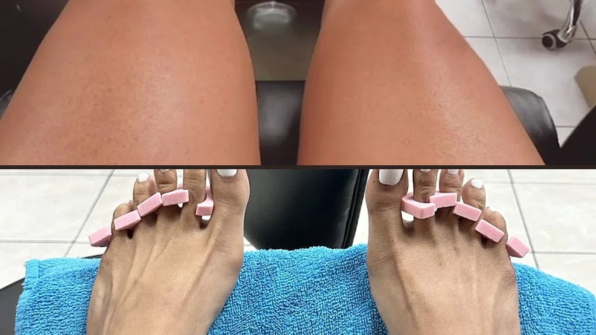Bright nail salon with colorful polish shelves.