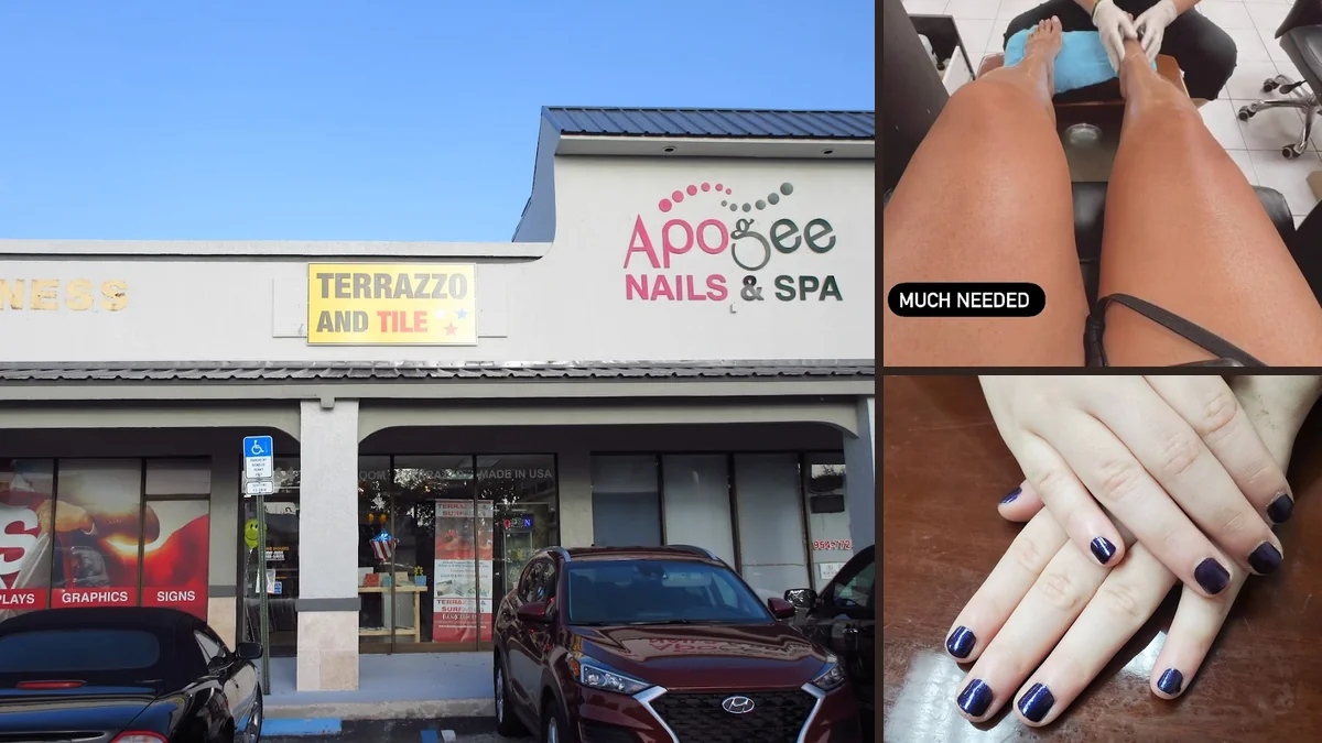 Bright nail salon with colorful polish shelves.